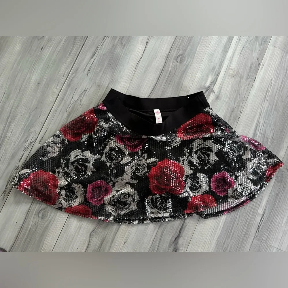 JUSTICE Skort Juniors Size 16 Women’s S SEQUINED SKATER‎ Skirt ROSES Red Silver